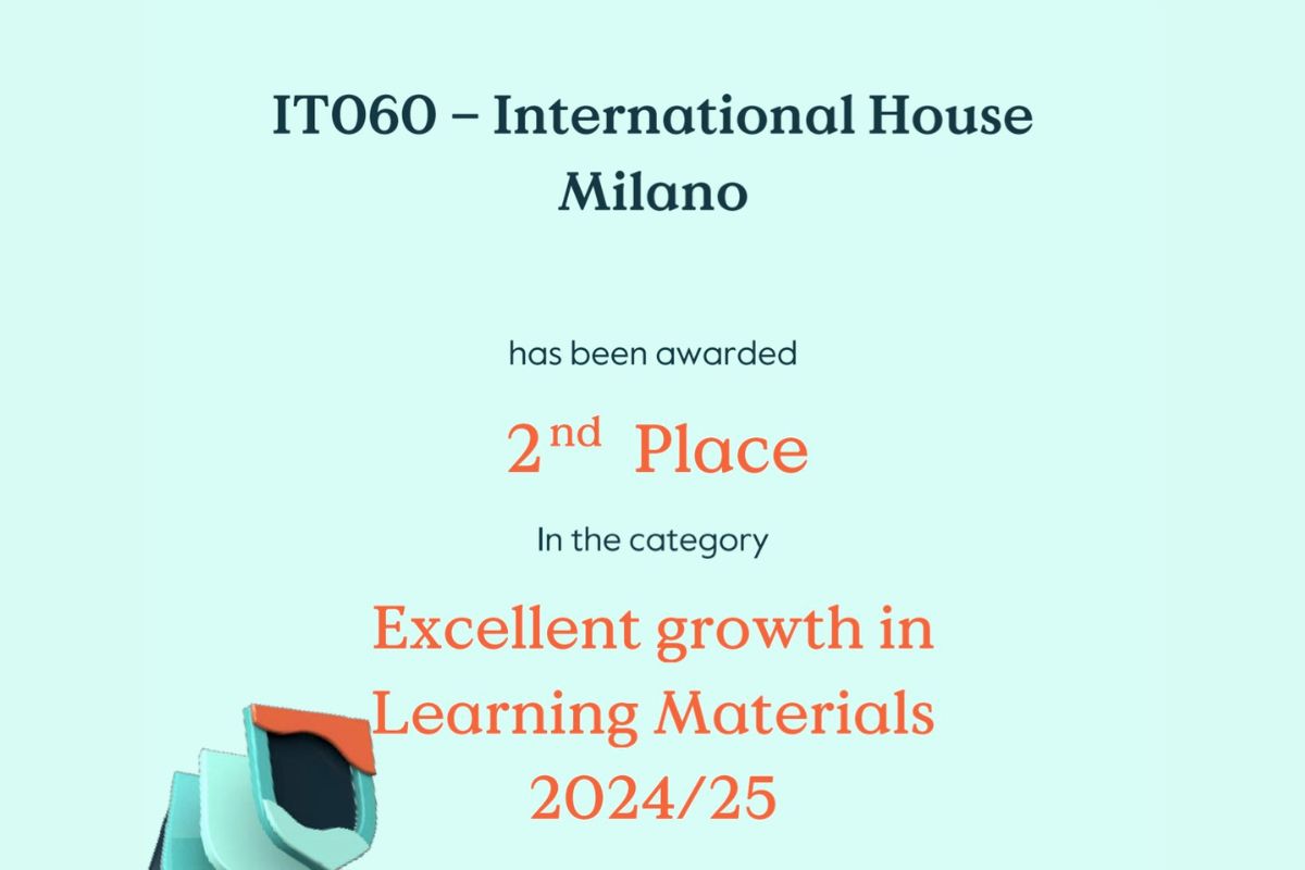 Certificato Cambridge assegnato a International House Milano | San Donato per il secondo posto nella crescita dei Learning Materials 2024/25